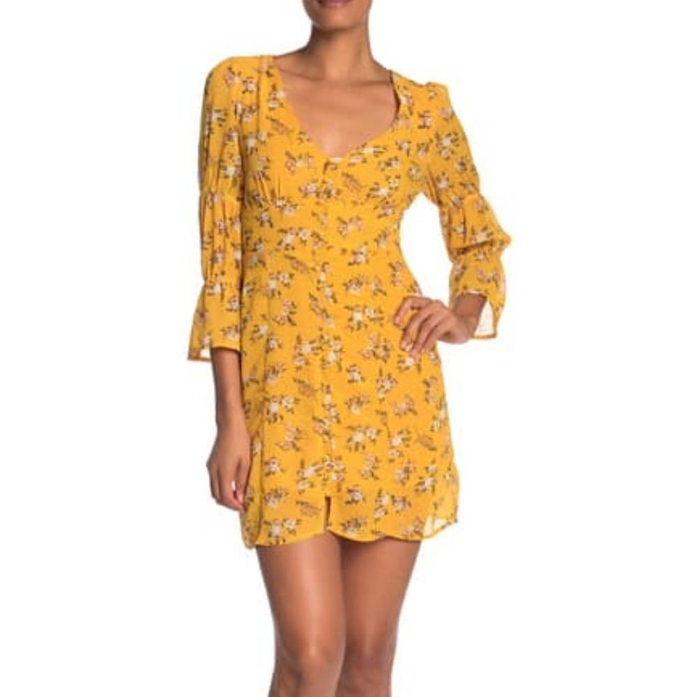 NEW Melloday Nordstrom L Floral Button up Mini Dress 3/4 sleeves Retro Boho